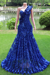 One Shoulder Royal Blue Prom Dresses Sequin Long Fromal Dresses