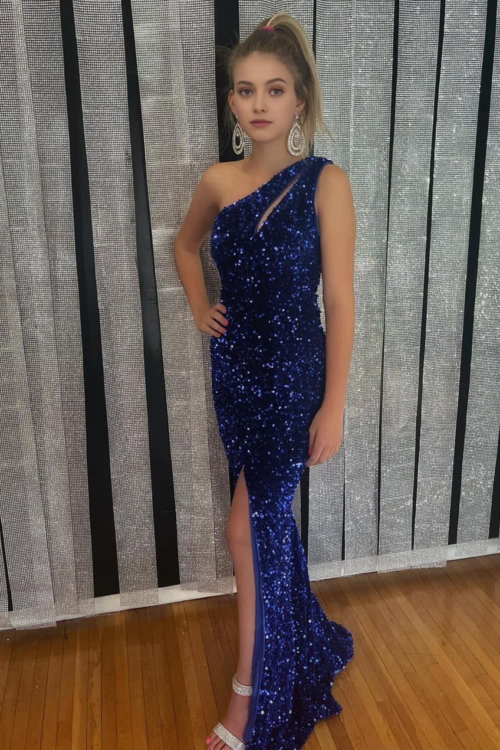 One Shoulder Sparkly Royal Blue Sequins Long Prom Dress with Slit