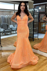 Orange Backless Sequins Mermaid Prom Dress