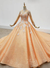 Orange Ball Gown Tulle High Neck Long Sleeve Sequins Appliques Wedding Dress