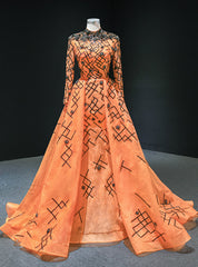 Orange Ball Gown Tulle Sequins Long Sleeve High Neck Prom Dress