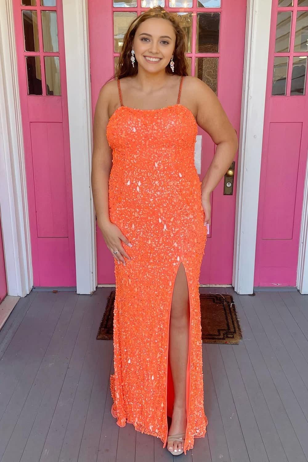 Orange Lace-Up Sequins Prom Dress with Slit