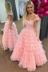 Pink 3D Floral Lace Off-the-Shoulder Ruffle Tiered Prom Gown