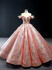 Pink Ball Gown Sequins Appliques See Through V-neck Quinceanera Dress