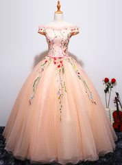 Pink Ball Gown Tulle Appliques Off The Shoulder Quinceanera Dresses