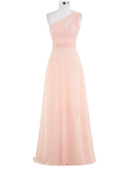 Pink Chiffon Floor Length A-Line One Shoulder Bridesmaid Dress