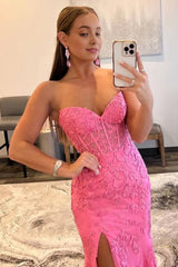 Pink Corset Sweetheart Long Lace Prom Dress with Slit