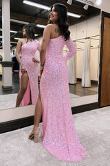 Pink Mermaid One Shoulder Sequins Prom Dress