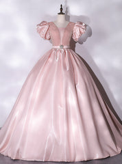 Pink Satin Puff Sleeve Quinceanera Dress