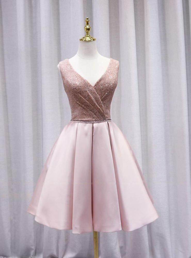 Pink Satin V-neck Pleats Homecoming Dress