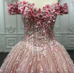 Pink Sequined Off the Shoulder Quincea?era Dress