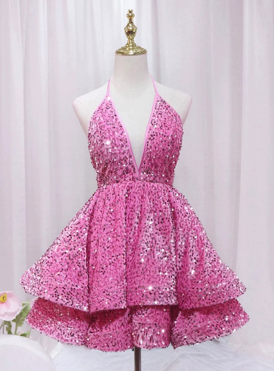 Pink Sequins Deep V-neck Backless Homecoming Dress