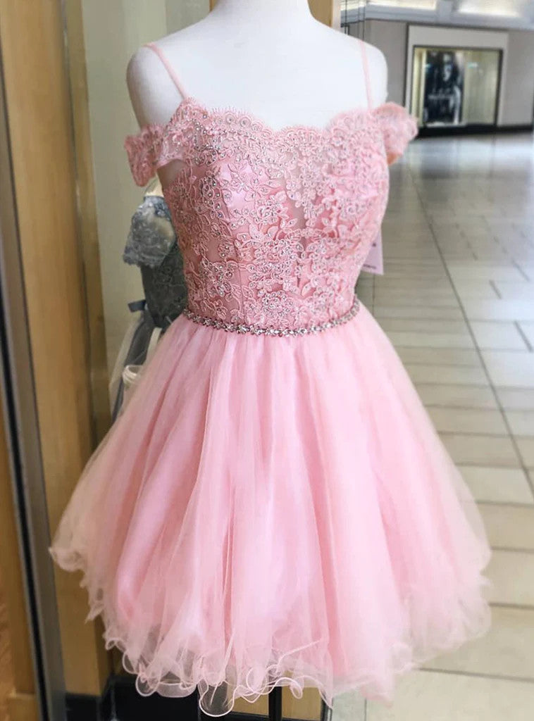 Pink Tulle Appliques Off the Shoulder Homecoming Dress