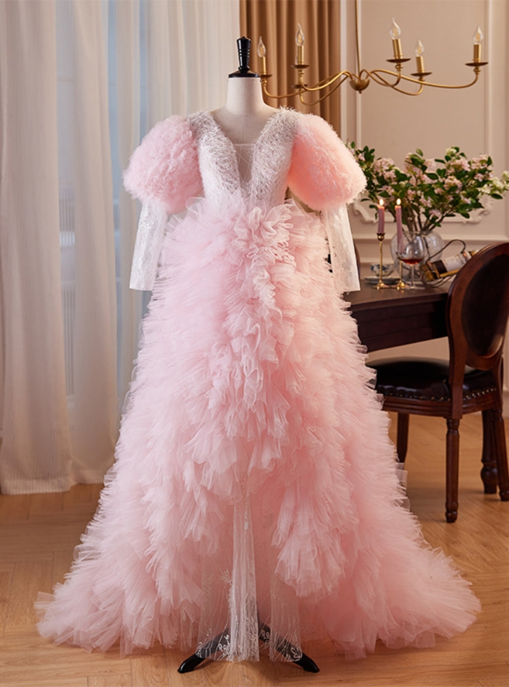 Pink Tulle  Long Sleeve Prom Dress