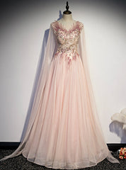 Pink Tulle Long Sleeve Appliques Beading Prom Dress