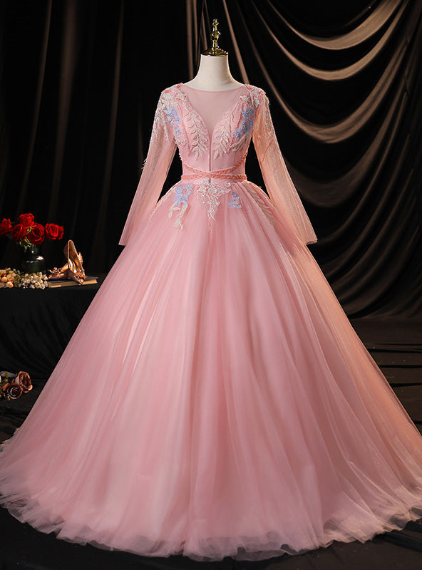 Pink Tulle Long Sleeve Sequins Beading Quinceanera Dress