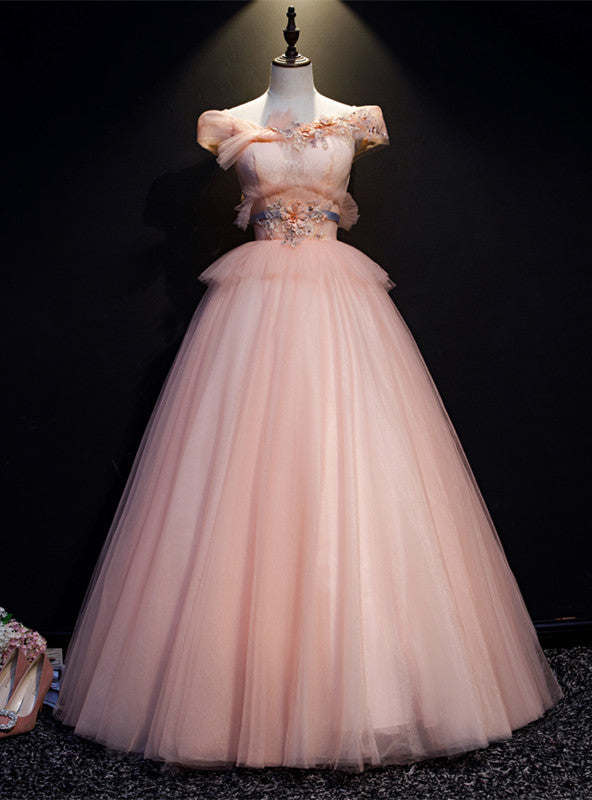 Pink Tulle Off the Shoulder Appliques Beading Quinceanera Dress