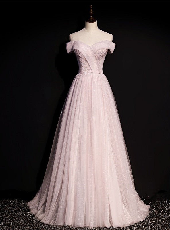 Pink Tulle Off the Shoulder Beading Pleats Prom Dress