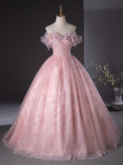 Pink Tulle Sequins Off the Shoulder 3D Flower Quinceanera Dress