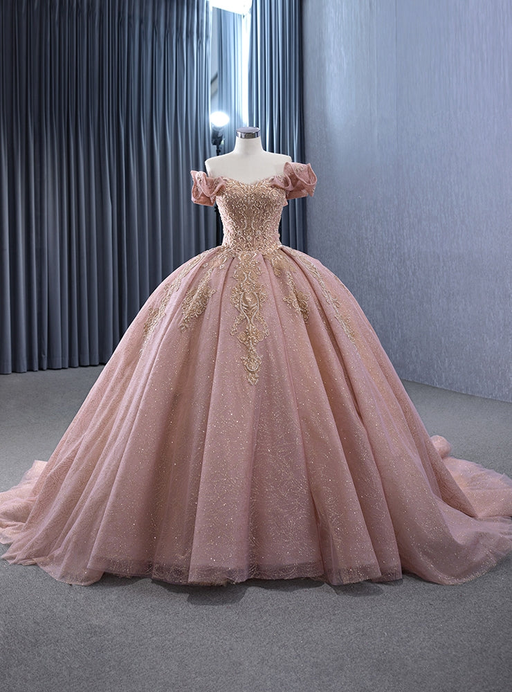 Pink Tulle Sequins Off the Shoulder Appliques Prom Dress