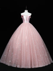 Pink Tulle Sequins Off the Shoulder Beading Quinceanera Dresses