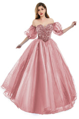 Pink Tulle Sequins Sweetheart Prom Dresses Spaghetti Straps Evening Quinceanera Dresses