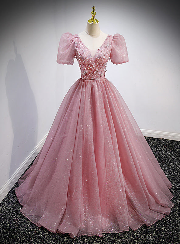 Pink Tulle Sequins V-neck Puff Sleeve Beading Prom Dress