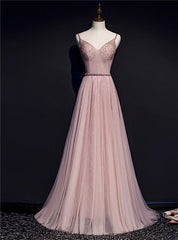 Pink Tulle Spaghetti Straps Beading Pleats Prom Dress