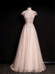 Pink Tulle V-neck Pleats Beading Backless Prom Dress