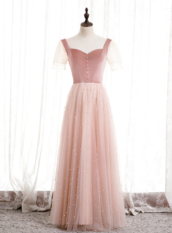 Pink Tulle Velvet Short Sleeve Square Pearls Prom Dress