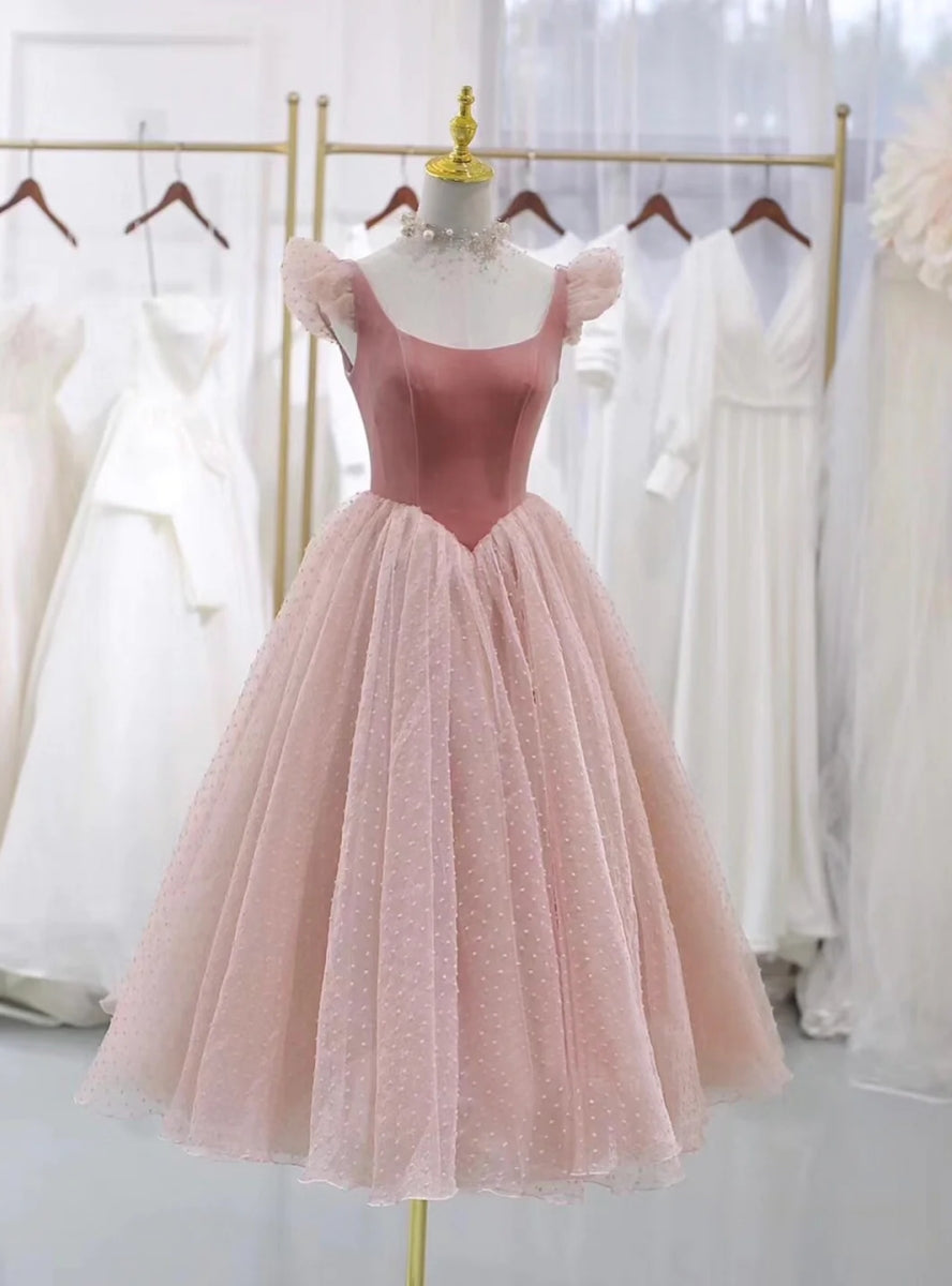 Pink Tulle Velvet Straps Prom Dress