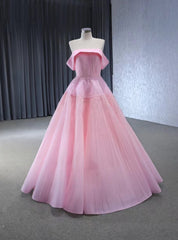 Pink Tullle Strapless Pleats Beading Prom Dress