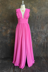 Plunging V-neck Ruffles Pleated Fuchsia Bridesmaid Dress With Silt