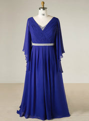 Plus Size Blue V-neck Chiffon Floor Length With Beading Prom Dress