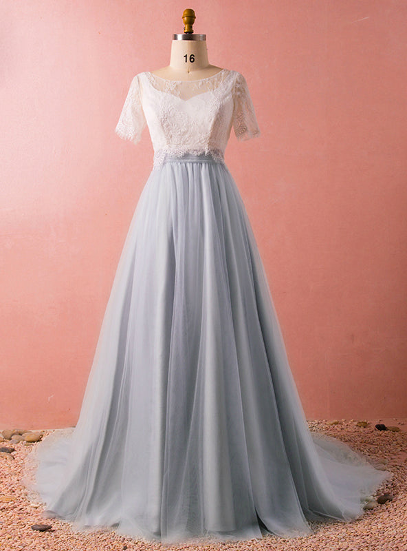 Plus Size Gray Tulle Lace Two Piece Short Sleeve Prom Dress