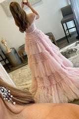 Princess A Line Off the Shoulder Light Pink Long Prom Dress with Ruffles