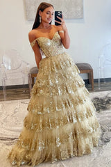 Princess Off the Shoulder Sequined Lace Prom Dress