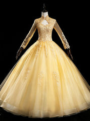 Purchase Your Favorite Gold Ball Gown Tulle Appliques Long Sleeve High Neck Quinceanera Dress