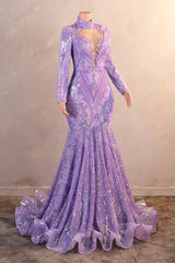 Purple Mermaid Prom Dresses Hight Neck Sequins Long Sleeve Evening Dresses