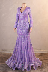 Purple Mermaid Prom Dresses Long Sleeves Sequin Long Evening Dresses