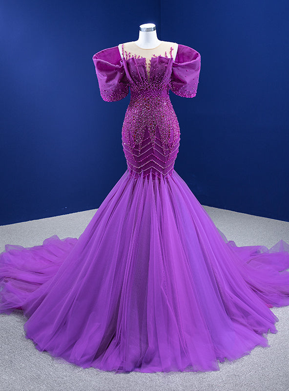 Purple Mermaid Tulle Beading Pearls Prom Dress