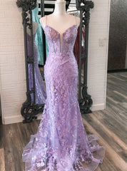 Purple Mermaid Tulle Lace Spaghetti Straps Prom Dress