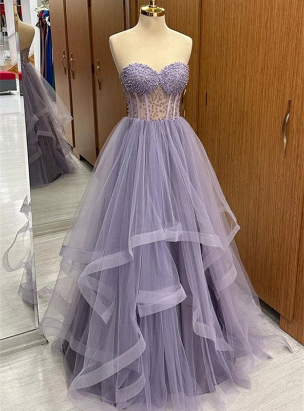 Purple Tulle Sweetheart Pearls Prom Dress