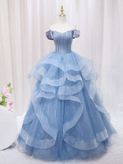 Quinceanera Dress A-Line Blue Tulle Long Prom Dress Blue Sweet Dress