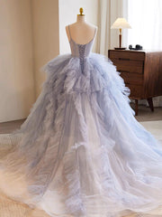 Quinceanera Dress Blue Tulle Long Prom Gown Blue Tulle Long Sweet Dress