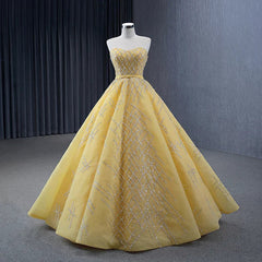 Quinceanera Dress Elegant Yellow Strapless Sequins Ball Gown Lace Up Pleated Evening Dress