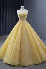 Quinceanera Dress Elegant Yellow Strapless Sequins Ball Gown Lace Up Pleated Evening Dress