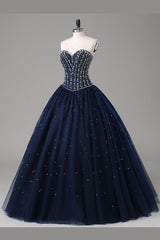 Quinceanera Dress Navy Blue Ball Gown Floor Length Sweetheart Sleeveless Mid Back Prom Dresses