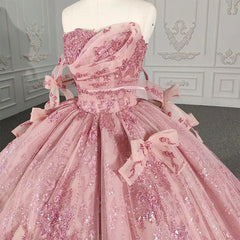 Quinceanera Dress Romantic Pink beading Prom Dresses Sequined Sleeveless with Bowknot