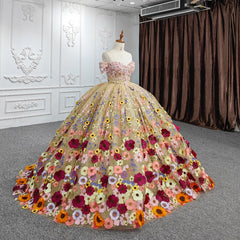 Quinceanera Flower  Off-the-Shoulder Ball Gown Dress